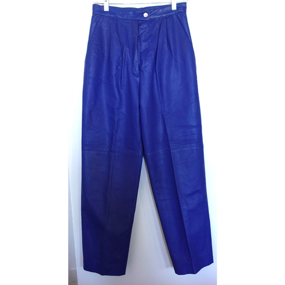 Vintage Marc D'Alcy Leather Pants Womens 10 Blue High Waist Pleated Tapered 90s - Picture 1 of 13